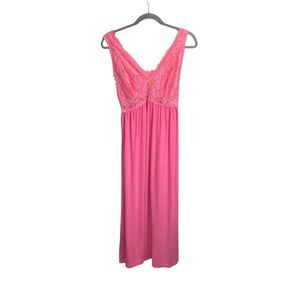 Alcea Rosea Womans Pink Lace Detail V Neck Maxi Slip Dress Nightgown M Coquette